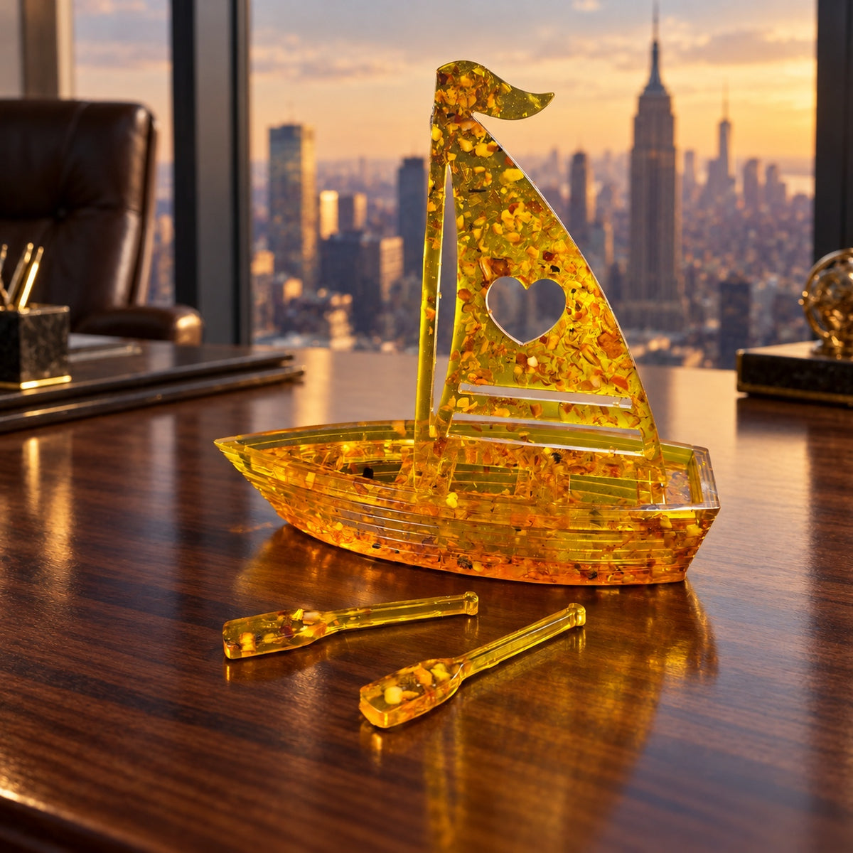 Amber heart sailboat displayed on a walnut desk in a luxury Manhattan office overlooking the New York skyline.