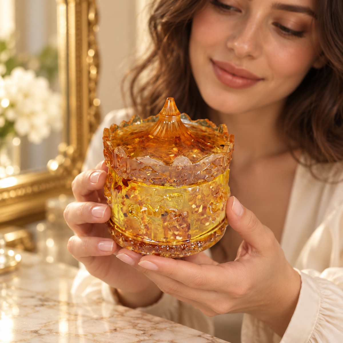 Adult woman holding a KIZIMA Baltic amber horse carousel jewelry box