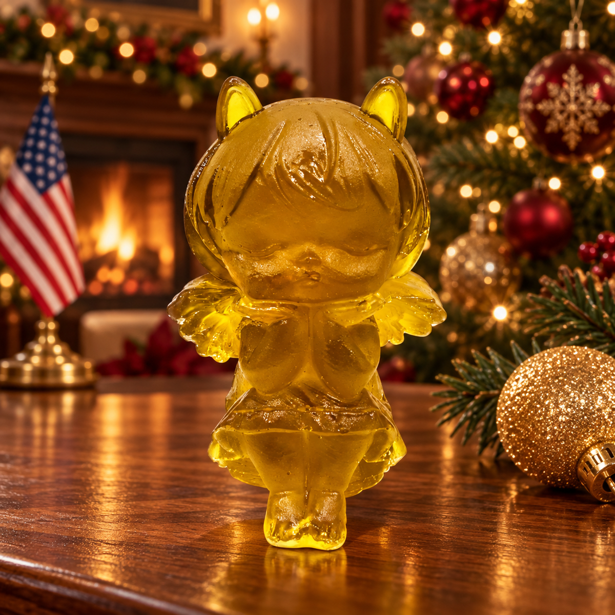 Standing golden amber angel with pointed ears, closed eyes and folded hands on a polished wood table beside Christmas ornaments, a lighted tree and an American flag.