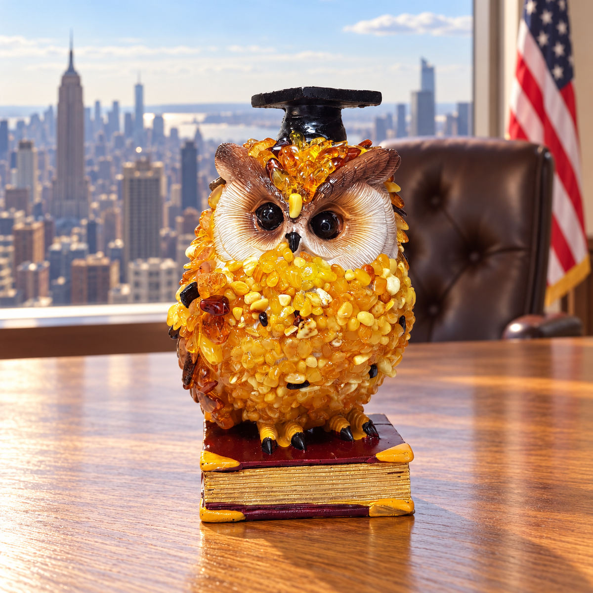 Honey Baltic amber mosaic owl with graduation cap on a book, KIZIMA SKU 55598853O, on an oak desk in a Manhattan office with leather chair and U.S. flag.