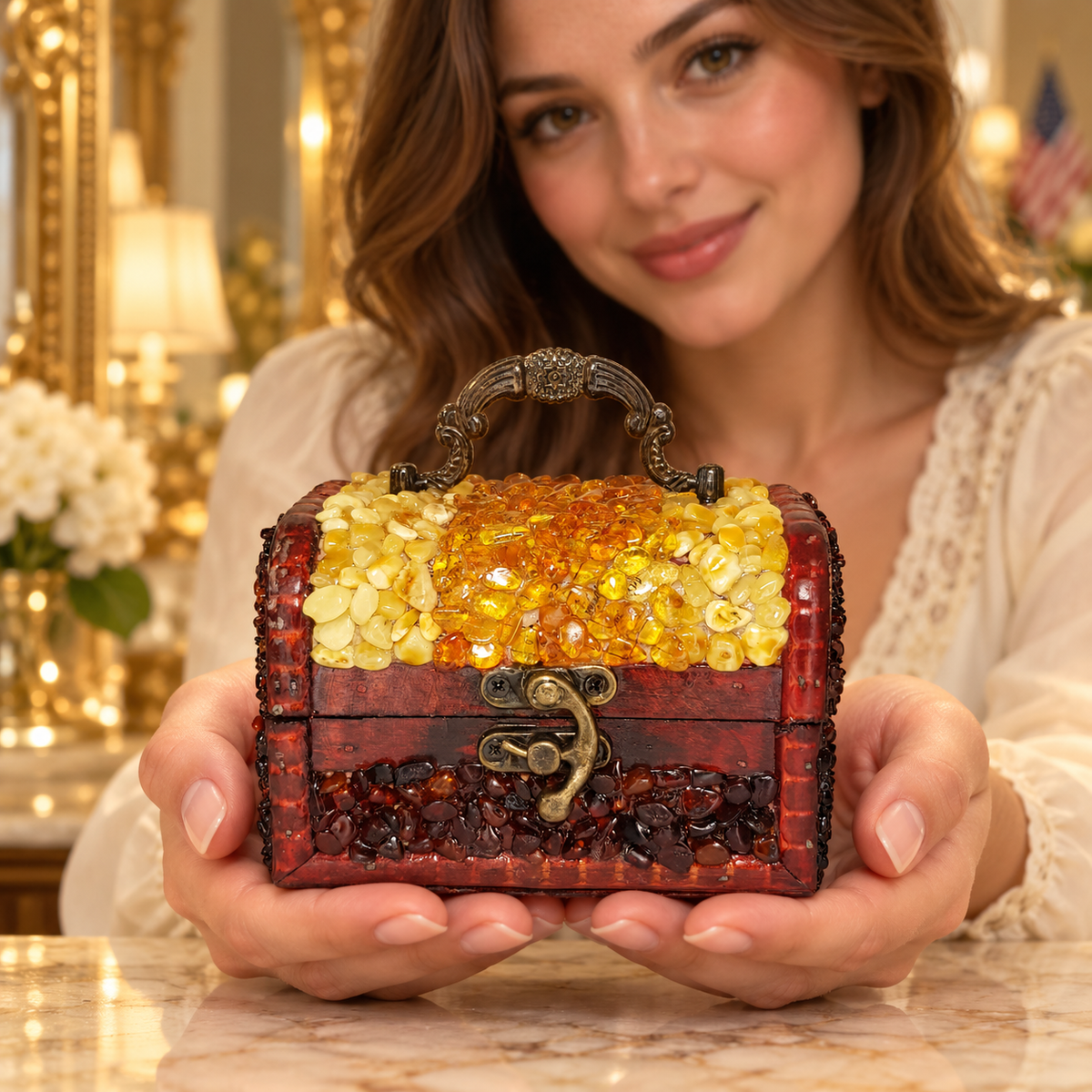 Adult woman holding KIZIMA 5598552CH Baltic amber classic jewelry box at a warm ivory marble vanity with gold mirror