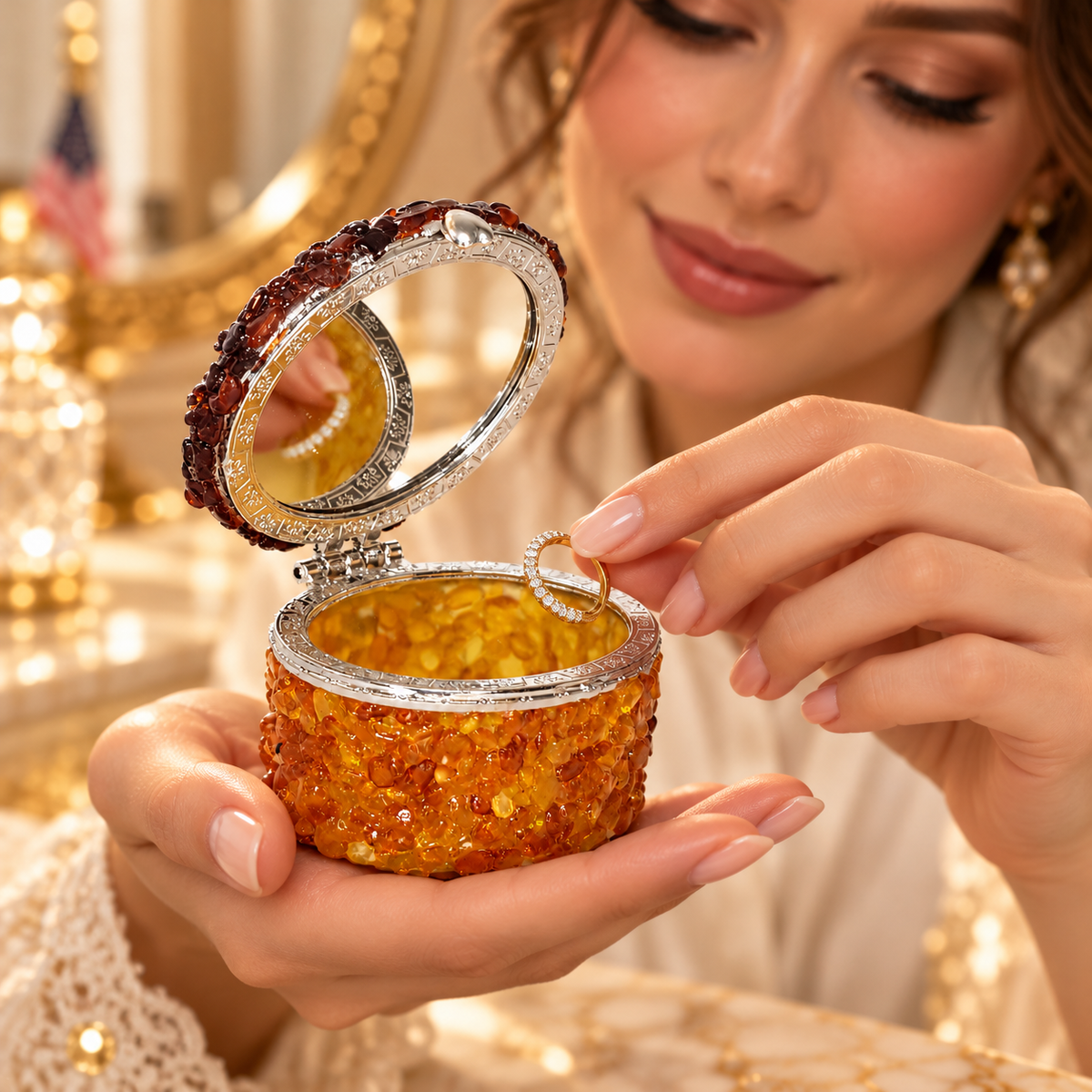 Adult woman holding the KIZIMA oval Baltic amber mirror jewelry box 5598567 and placing a gold ring inside at an ivory marble vanity