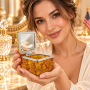 Adult woman holding the KIZIMA 5598570 amber jewelry box at an ivory marble vanity