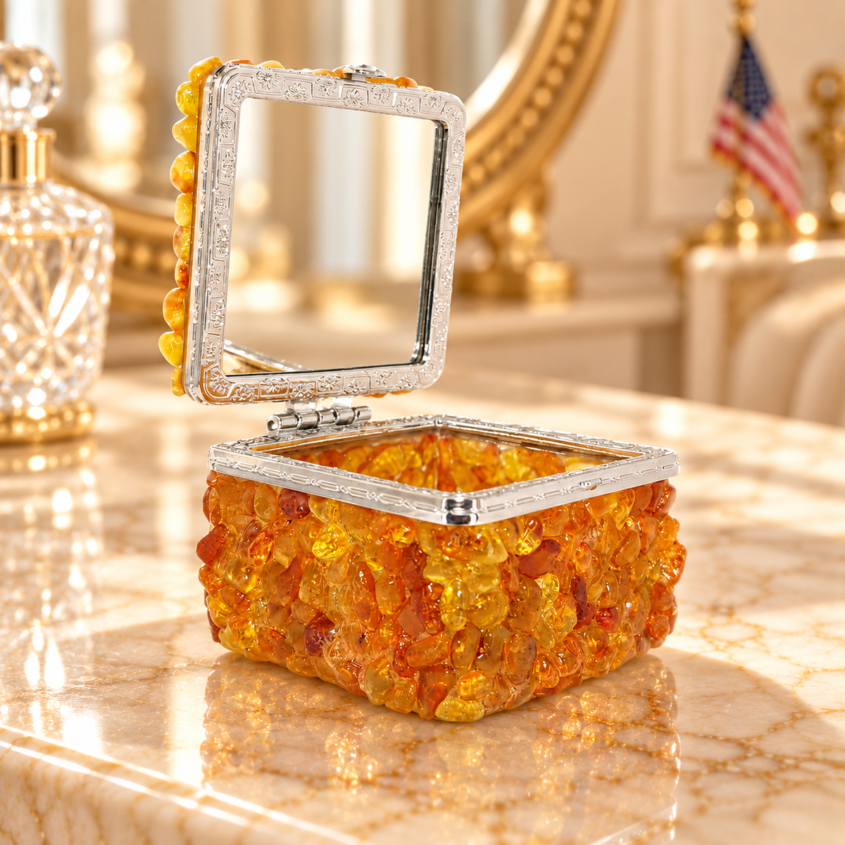 KIZIMA 5598570 Baltic amber jewelry box on an ivory marble boudoir vanity with gold mirror