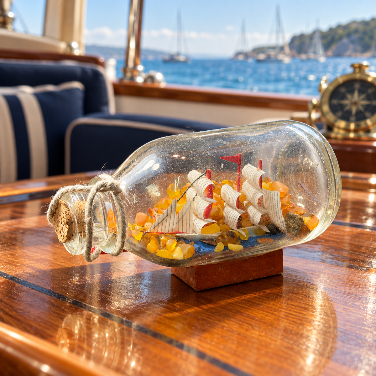 Amber ship in a bottle on a teak yacht table with sea and sailboats behind — boat owner, sailor and fisherman gift
