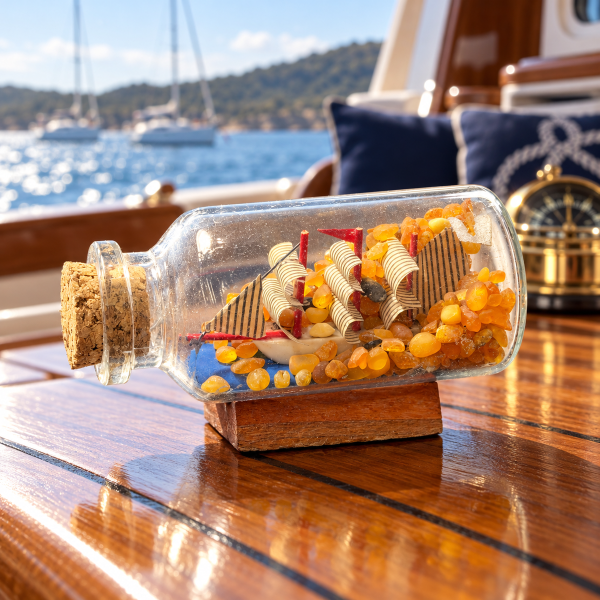 Mini amber ship in a bottle on a teak yacht table with sea and sailboats behind — good luck gift for a boat owner or sailor