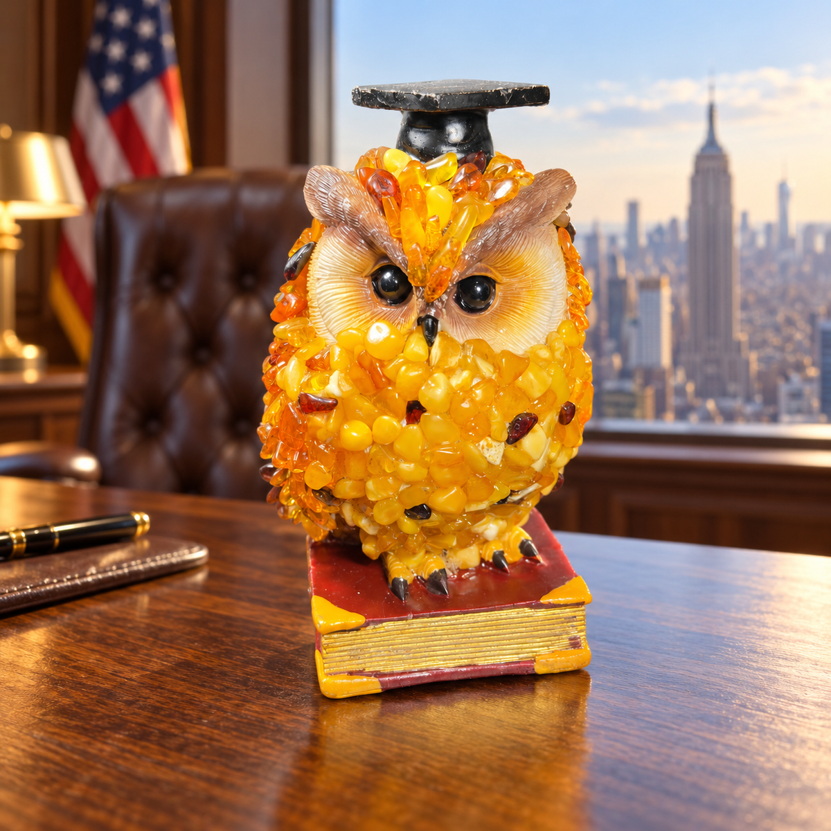 KIZIMA 5598842O golden amber graduation owl on a red book, displayed on an oak desk in a Manhattan office.