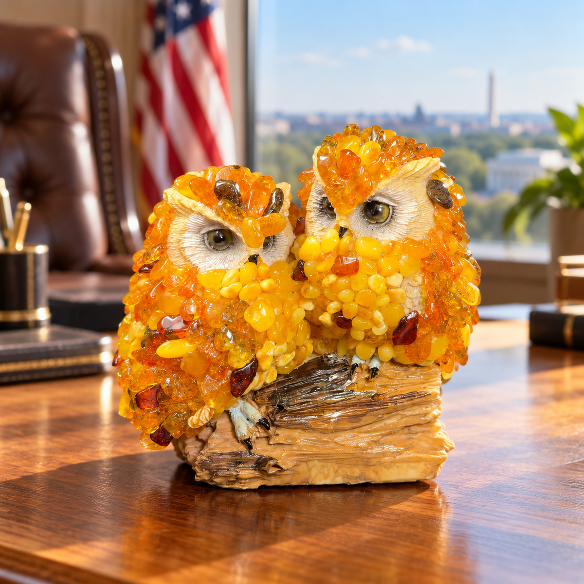 KIZIMA two golden Baltic amber owls on a log displayed on an oak executive desk with a leather chair and US flag, SKU 5598851O.