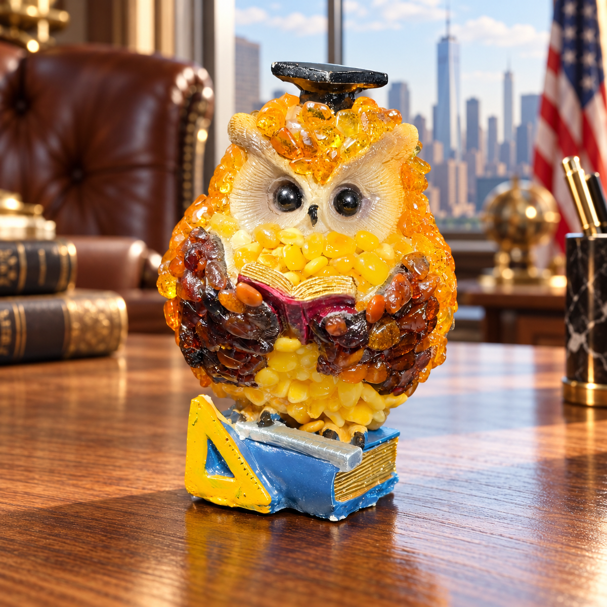 KIZIMA 5598854O amber teacher owl with graduation cap and open book on an oak desk in a Manhattan office with American flag.