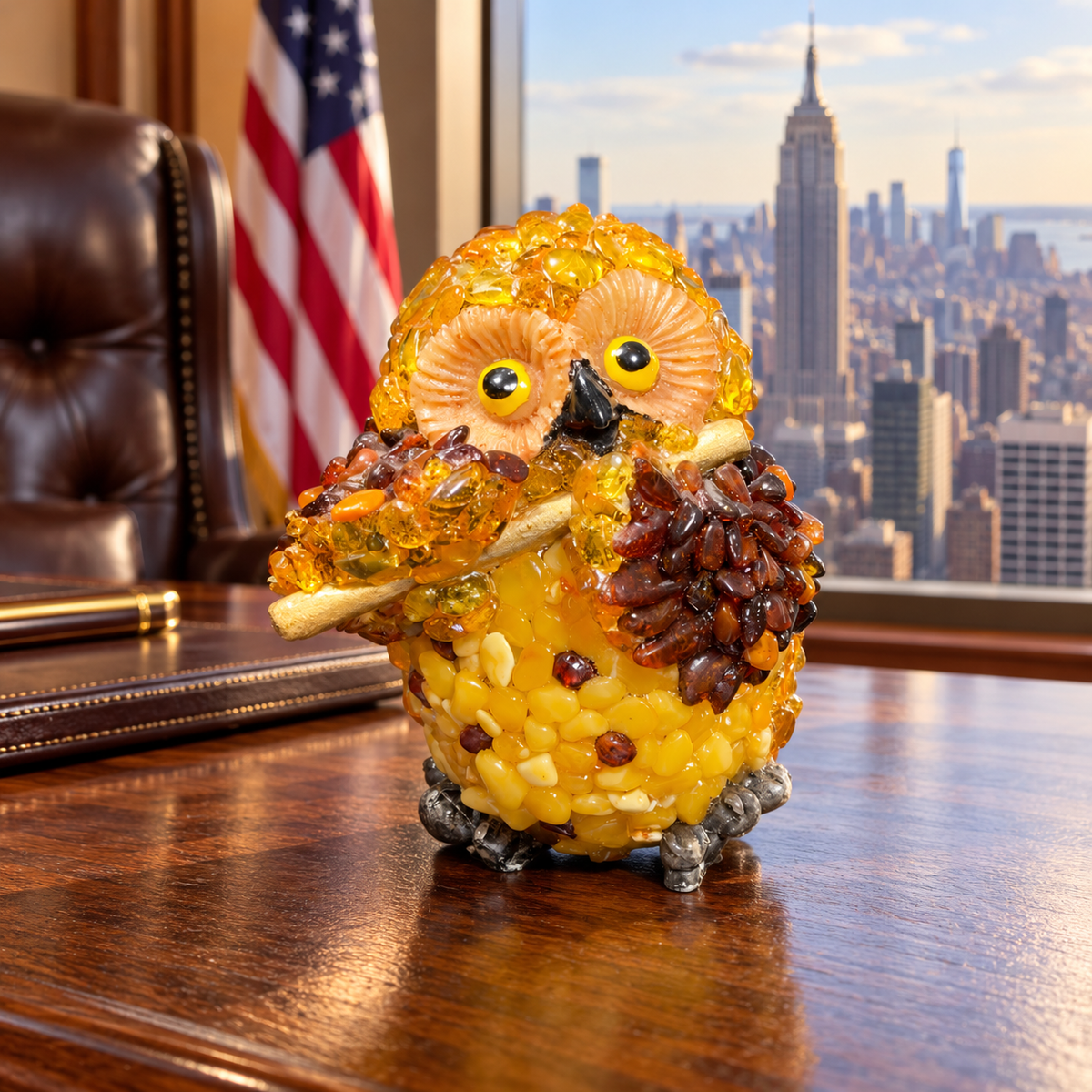 KIZIMA 5598858OWL amber flute-playing owl on an oak desk in a Manhattan office with leather chair and American flag.