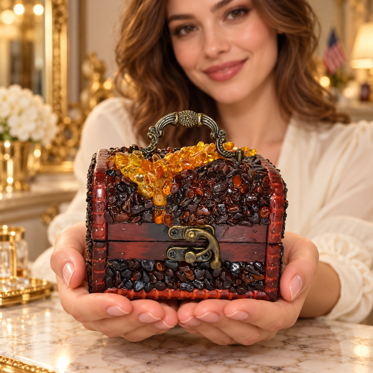 Adult woman holding KIZIMA 5599045CH Baltic amber encrusted jewelry box at a warm ivory marble vanity with gold mirror