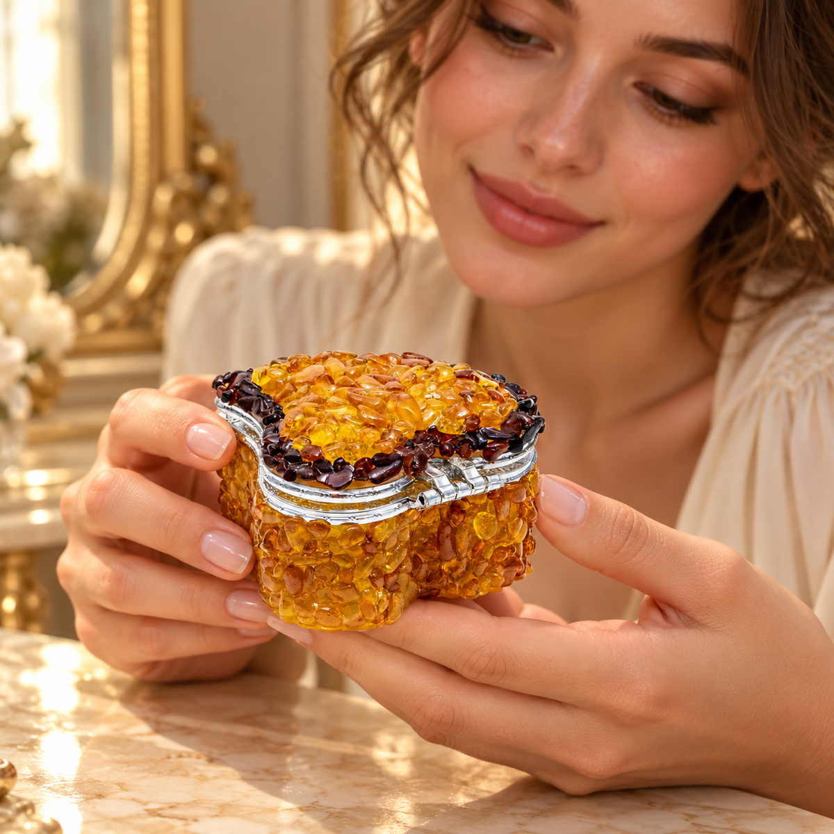 Adult woman holding a KIZIMA Baltic amber heart mirror jewelry box