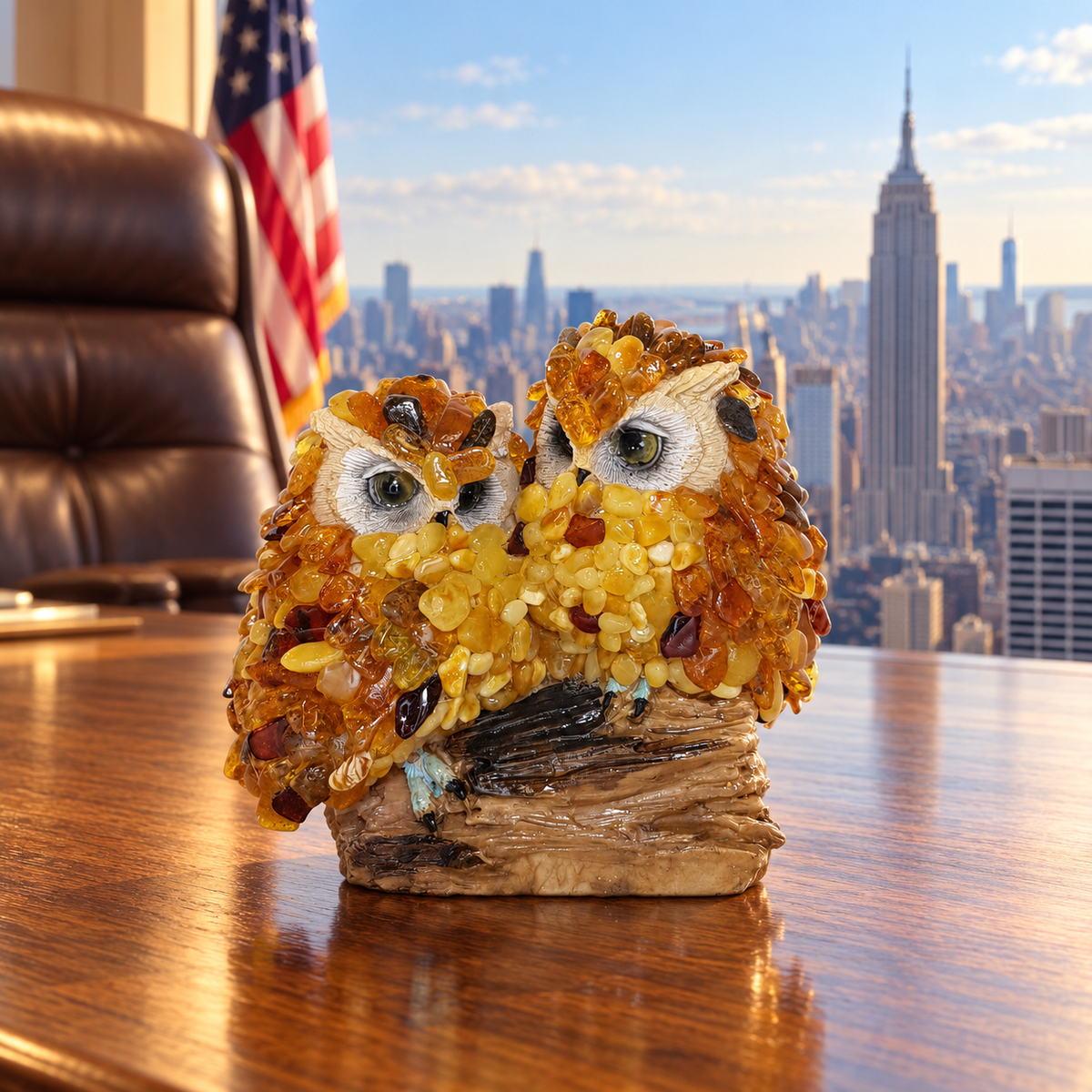 Two Baltic amber mosaic owls on a textured log, KIZIMA SKU 5599084O, on an oak desk in a Manhattan office with leather chair and U.S. flag.