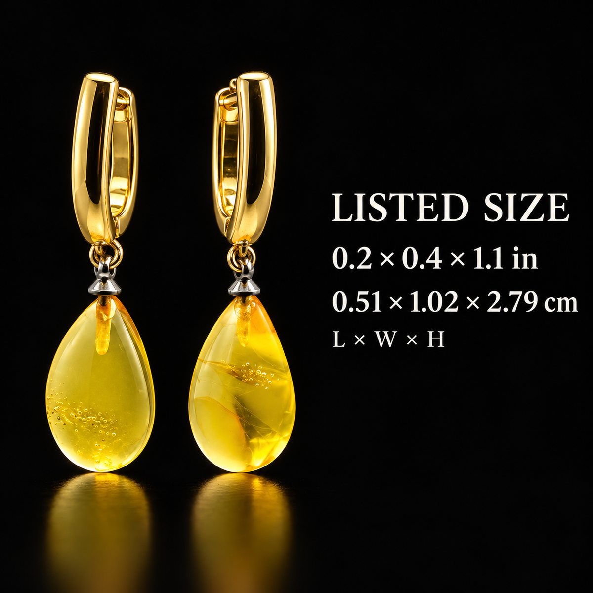KIZIMA amber gold hoop earrings listed size card: L x W x H 0.2 x 0.4 x 1.1 in, equivalent to 0.51 x 1.02 x 2.79 cm.