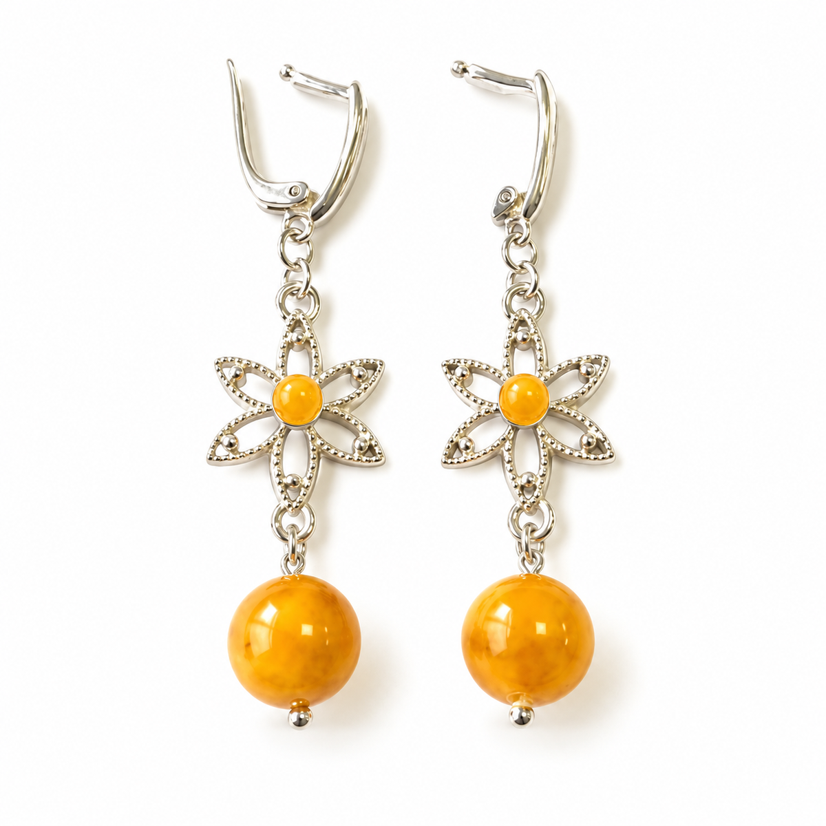 KIZIMA yellow amber ball dangle earrings with open six-petal flower links, arranged as a pair on white.
