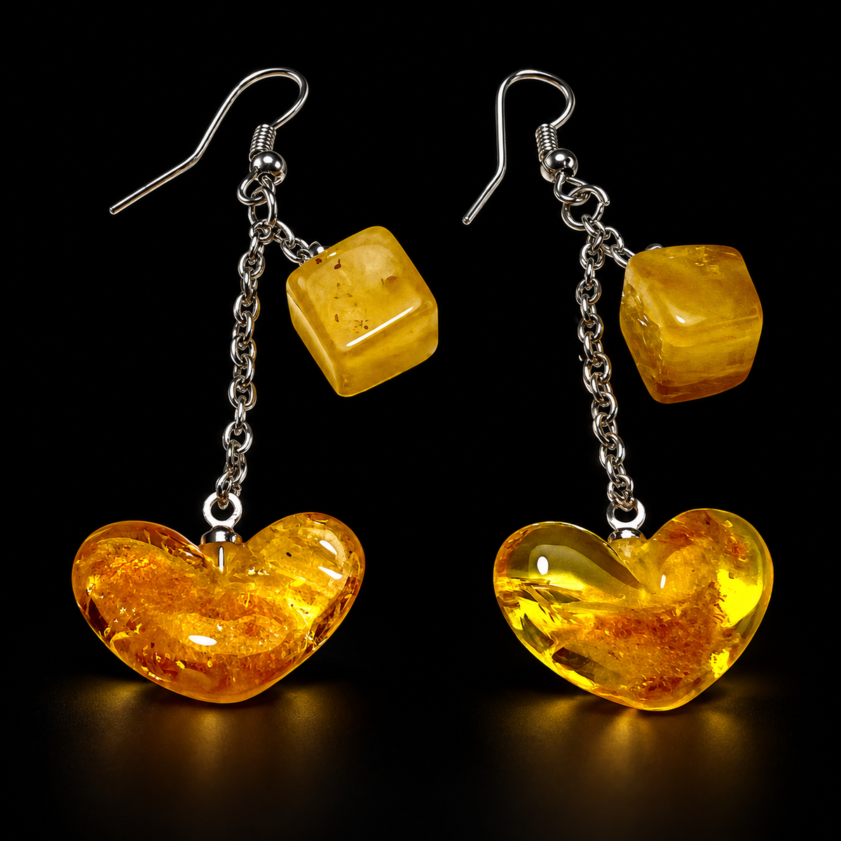 KIZIMA honey amber cube and heart earrings with silver-tone fishhooks and separate chain drops, black studio view, SKU 5N0250q4.57.