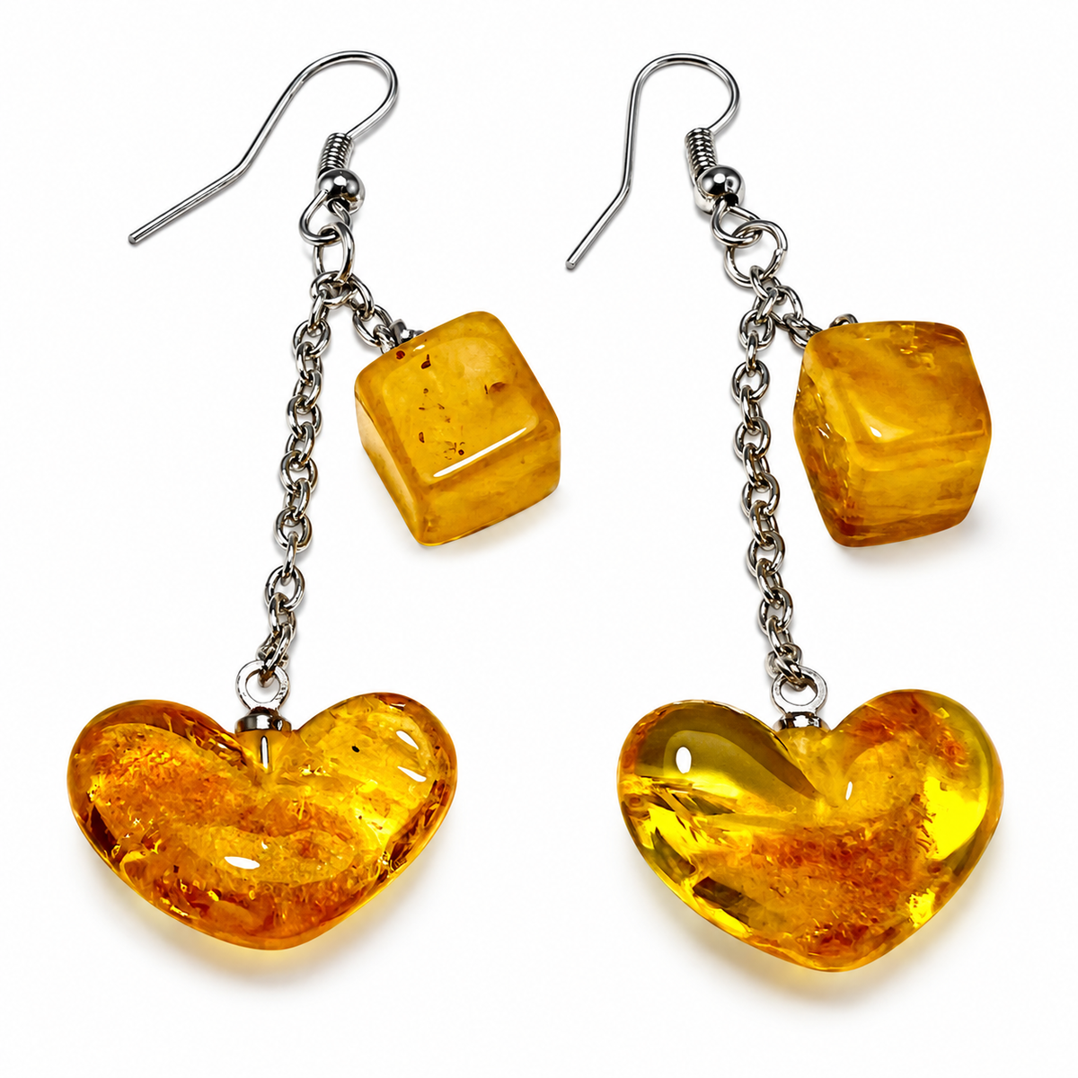KIZIMA honey amber cube and heart earrings with silver-tone fishhooks and separate chain drops, pure white catalog view, SKU 5N0250q4.57.