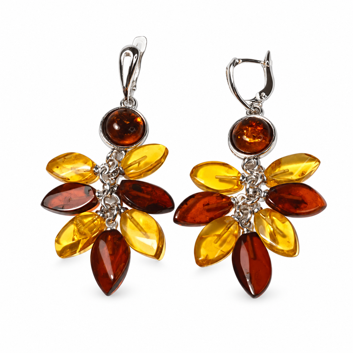 KIZIMA bouquet earrings with golden and cherry amber leaf clusters below round cognac cabochons, pure white catalog view, SKU 5N0500mix.