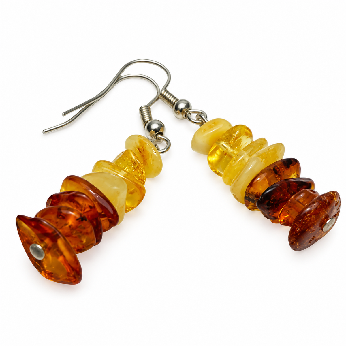 KIZIMA yellow and cognac Baltic amber chip drop earrings with silver-tone ear hooks on a white background