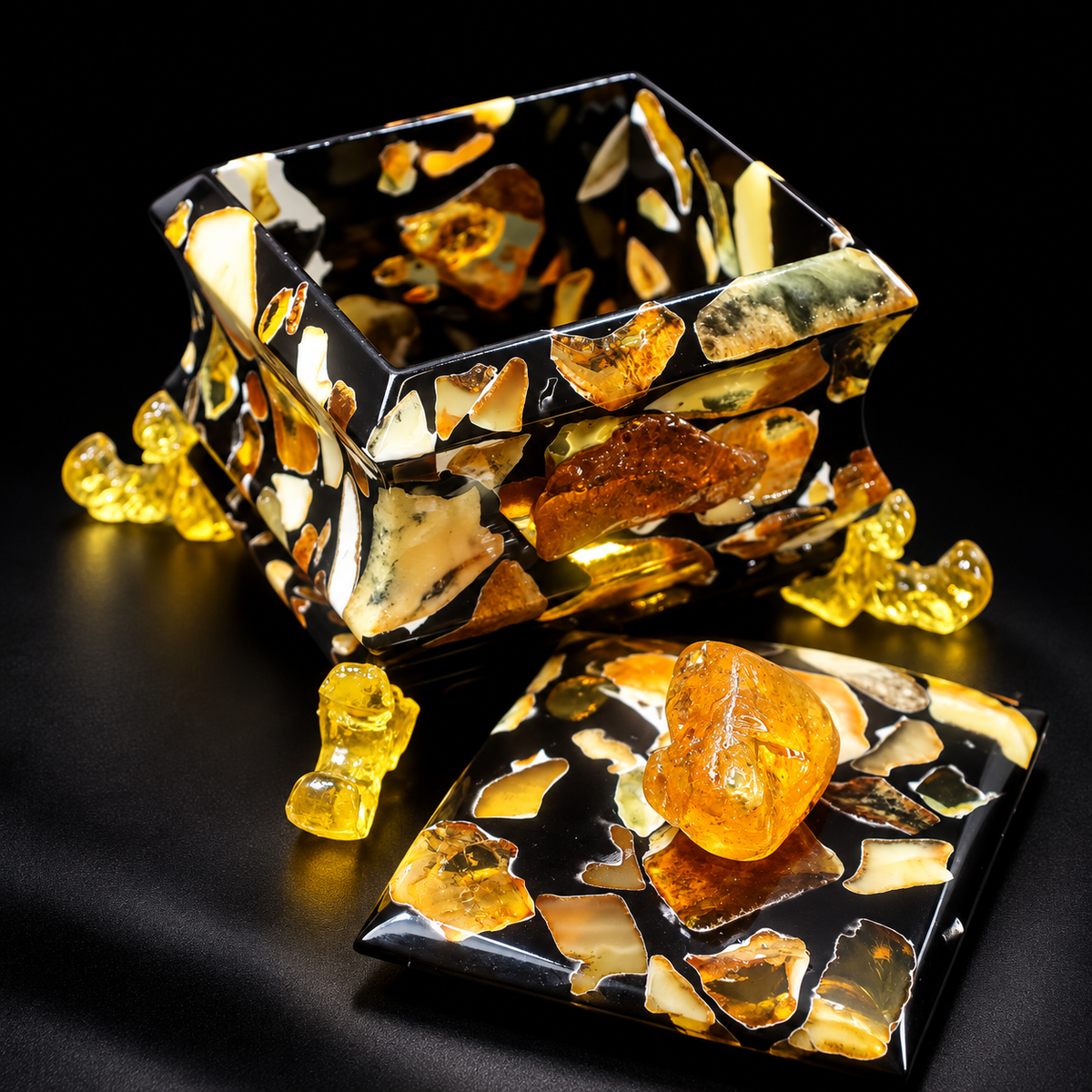 KIZIMA 8BOX1Q102-10-9-8 open Baltic amber jewelry box with removable lid on a black studio background