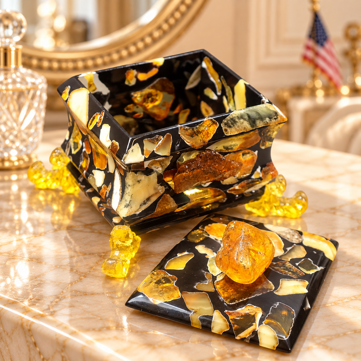KIZIMA 8BOX1Q102-10-9-8 open Baltic amber jewelry box and removable lid on an ivory marble boudoir vanity with gold mirror
