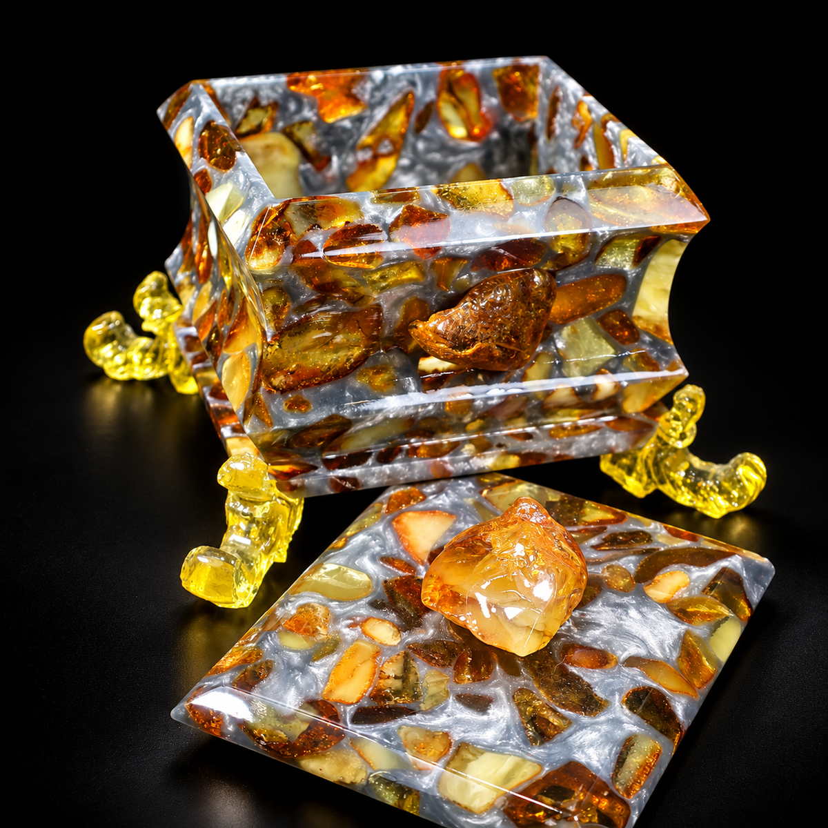 KIZIMA 8BOX2Q102-10-9-8 open Baltic amber jewelry box with removable lid on a black studio background