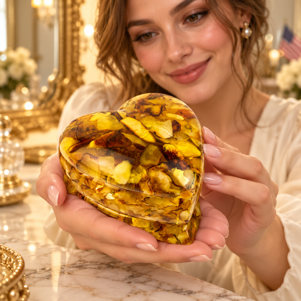 Adult woman holding KIZIMA 8P1200q128 heart-shaped Baltic amber jewelry box at a softly lit ivory marble boudoir vanity