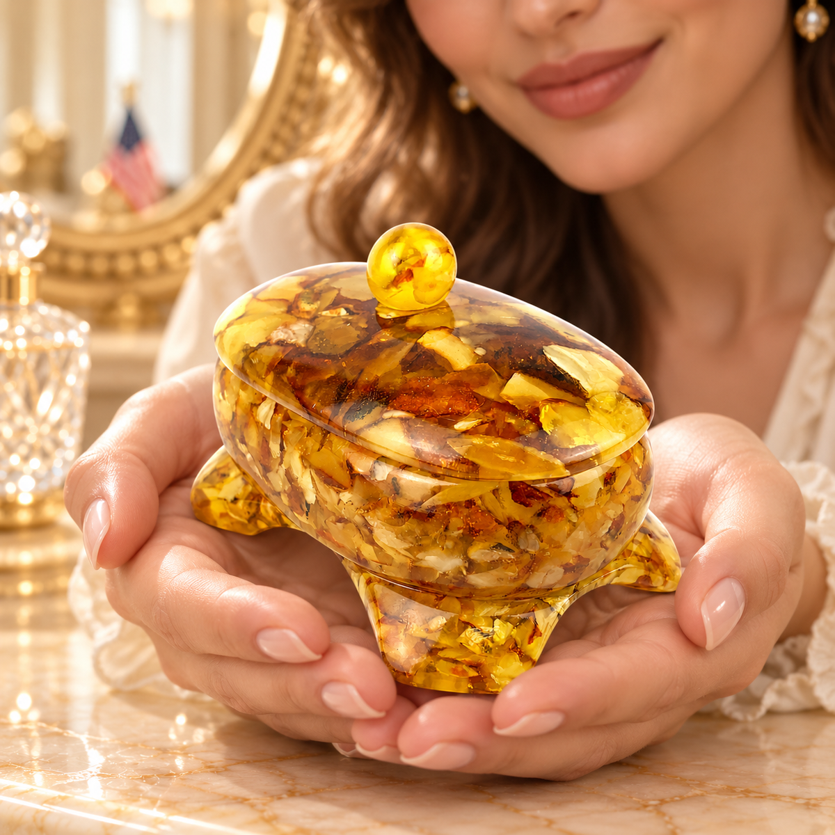 Adult woman holding the exact KIZIMA oval keepsake Baltic amber jewelry box 8P1300q145 at an ivory marble boudoir vanity