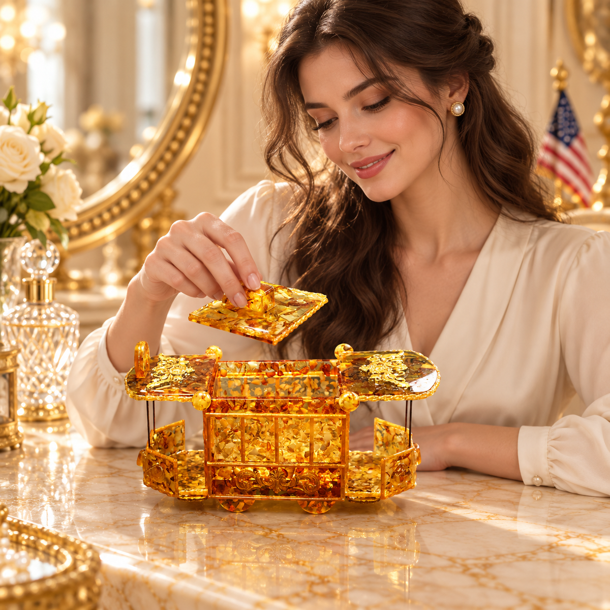 Adult woman using KIZIMA 8TRAMQ420-24-13-10 Baltic amber jewelry box at a marble vanity, shown at realistic scale