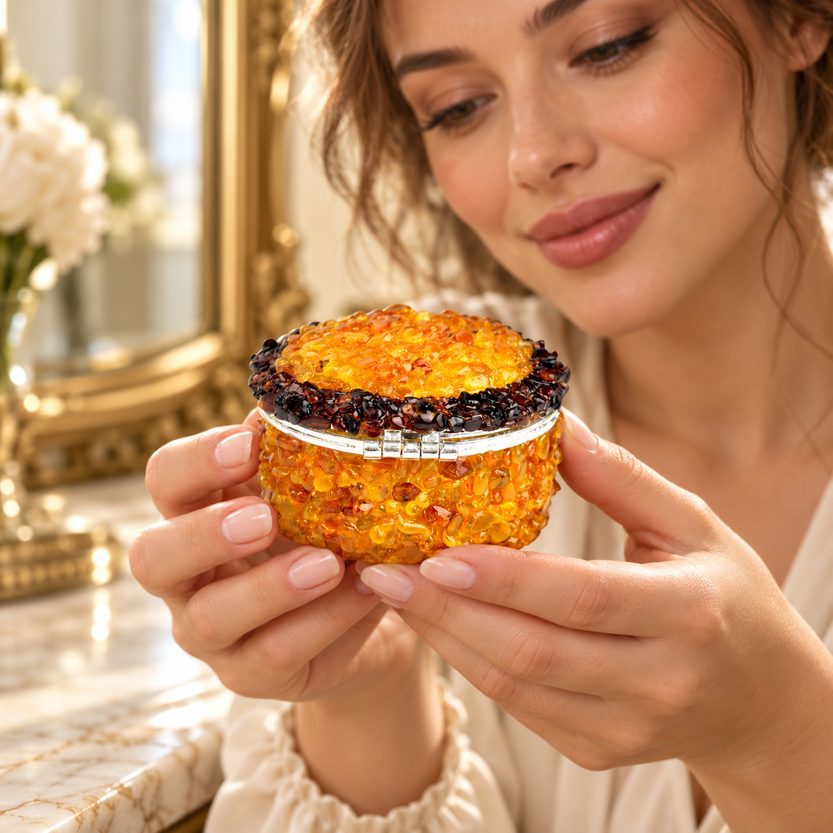 Adult woman holding a KIZIMA Baltic amber honey oval jewelry box
