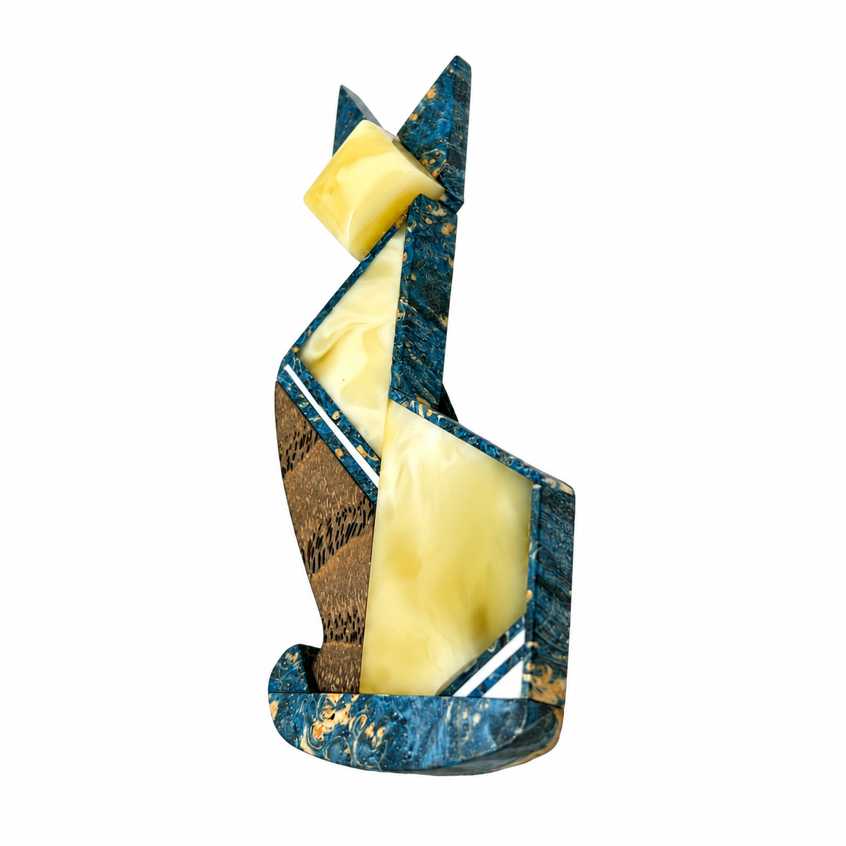 Geometric cat brooch with pale yellow amber panels and blue marbled wood on a white background.