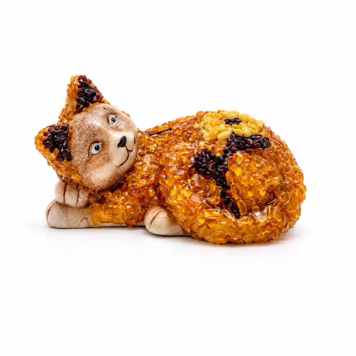 Reclining cat money box with a beige face and paws against a white studio background
