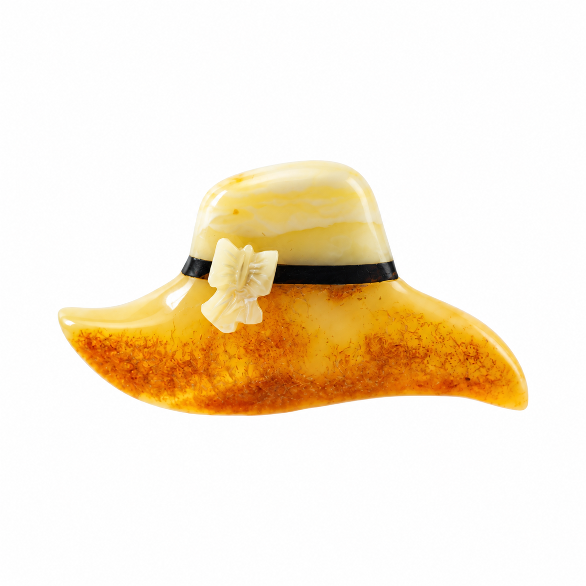 KIZIMA amber hat brooch with orange brim, cream crown and carved butterfly detail on a white background.