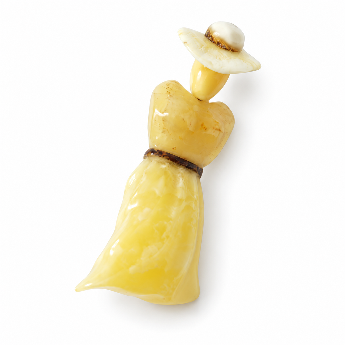 KIZIMA Baltic amber lady brooch 20S1974q6.58 on a pure white background, showing opaque buttery-yellow and cream amber marbling