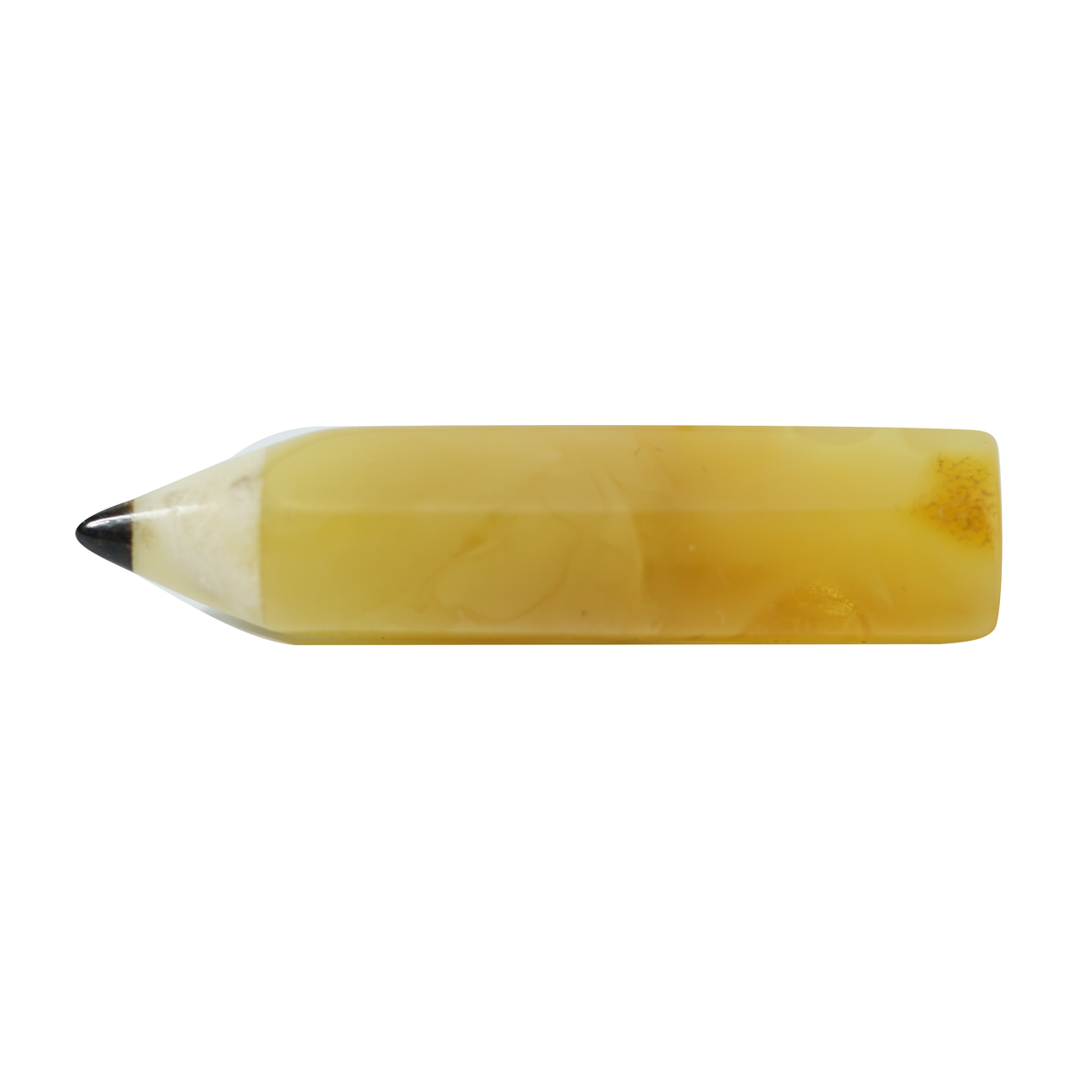 Yellow Baltic amber pencil brooch with a faceted body, pale sharpened end and dark tip on a white background, a graduation gift for a writer.