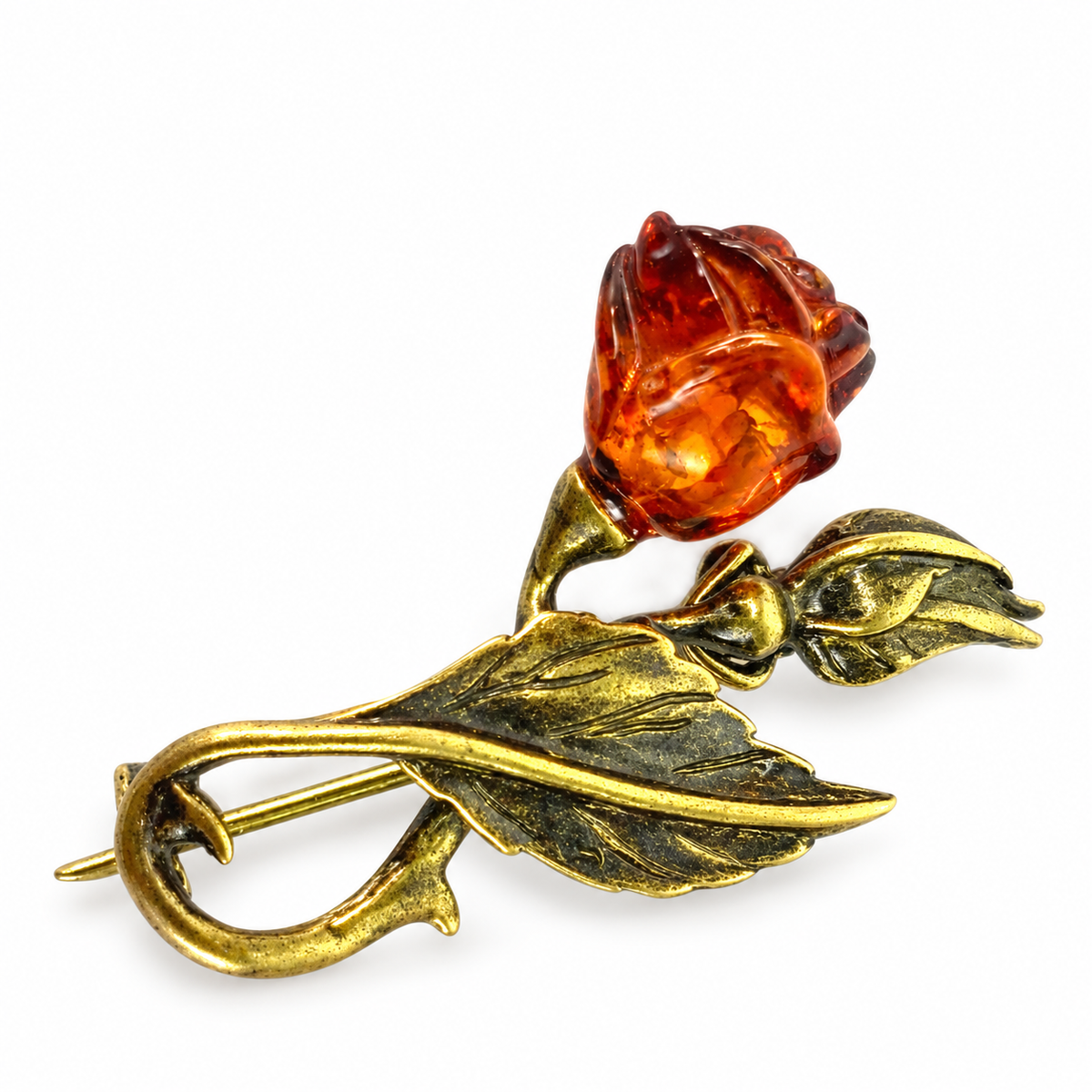 KIZIMA cognac amber rose brooch 20K0123q3.47 with antiqued brass-tone stem and leaf on a white background.