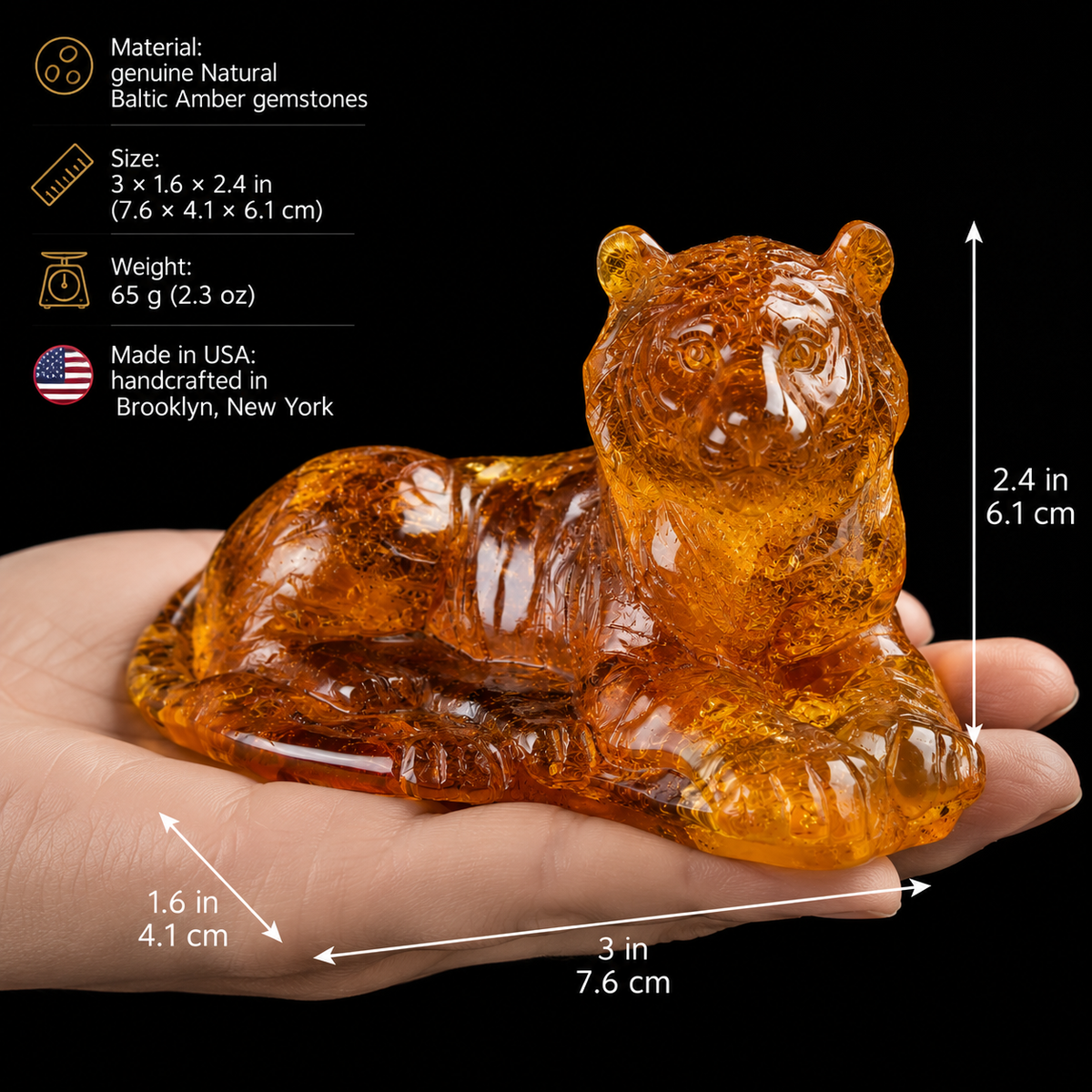 Genuine Baltic amber tiger figurine by KIZIMA® — handcrafted zodiac tiger sculpture, side view