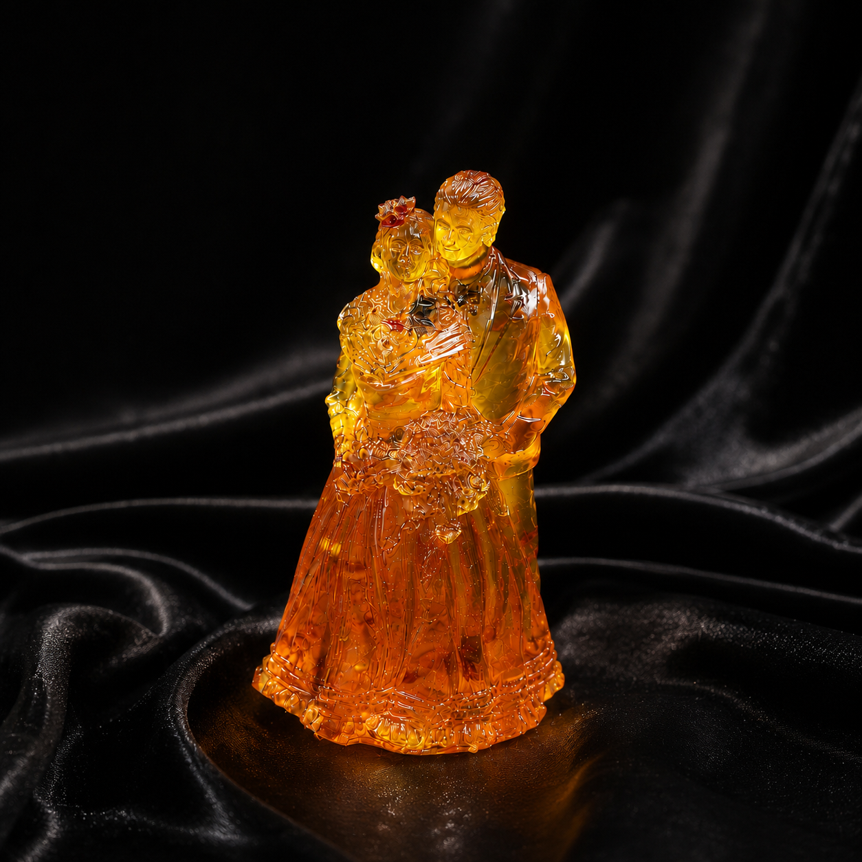 KIZIMA amber wedding sculpture, close-up of translucent honey amber craftsmanship