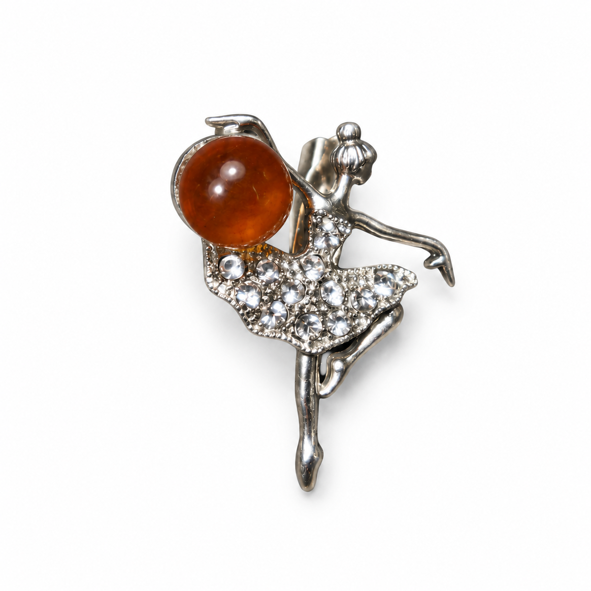 KIZIMA silver-tone Baltic amber ballerina brooch 20N0120-8 on a white catalog background, showing the round cognac amber cabochon and jeweled tutu