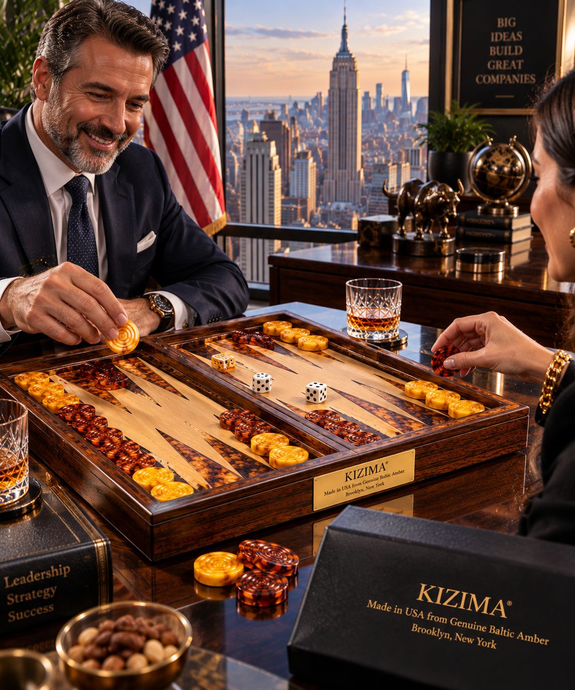 People playing backgammon with KIZIMA® Natural Baltic Amber pieces in a Manhattan office, luxury game night gift, Made in USA