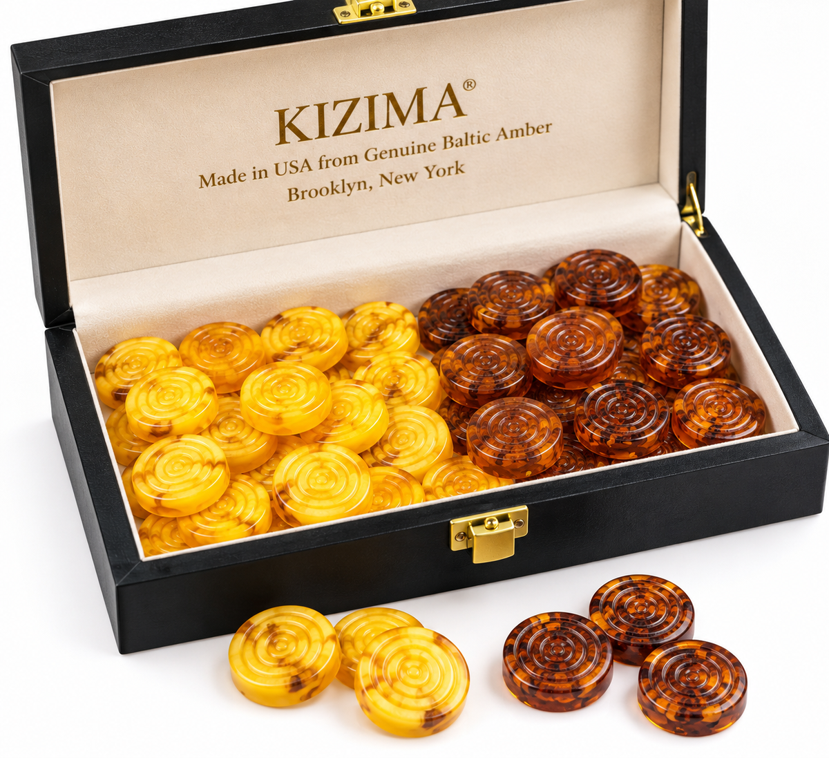 Natural Baltic Amber backgammon pieces and checkers, butterscotch and cognac amber, on a white background, Made in USA by KIZIMA®