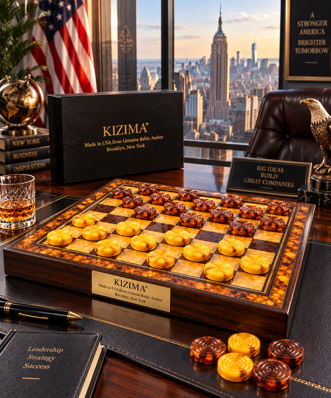 KIZIMA® Baltic amber backgammon pieces and checkers with the American flag in a Manhattan office, Made in USA gift for him