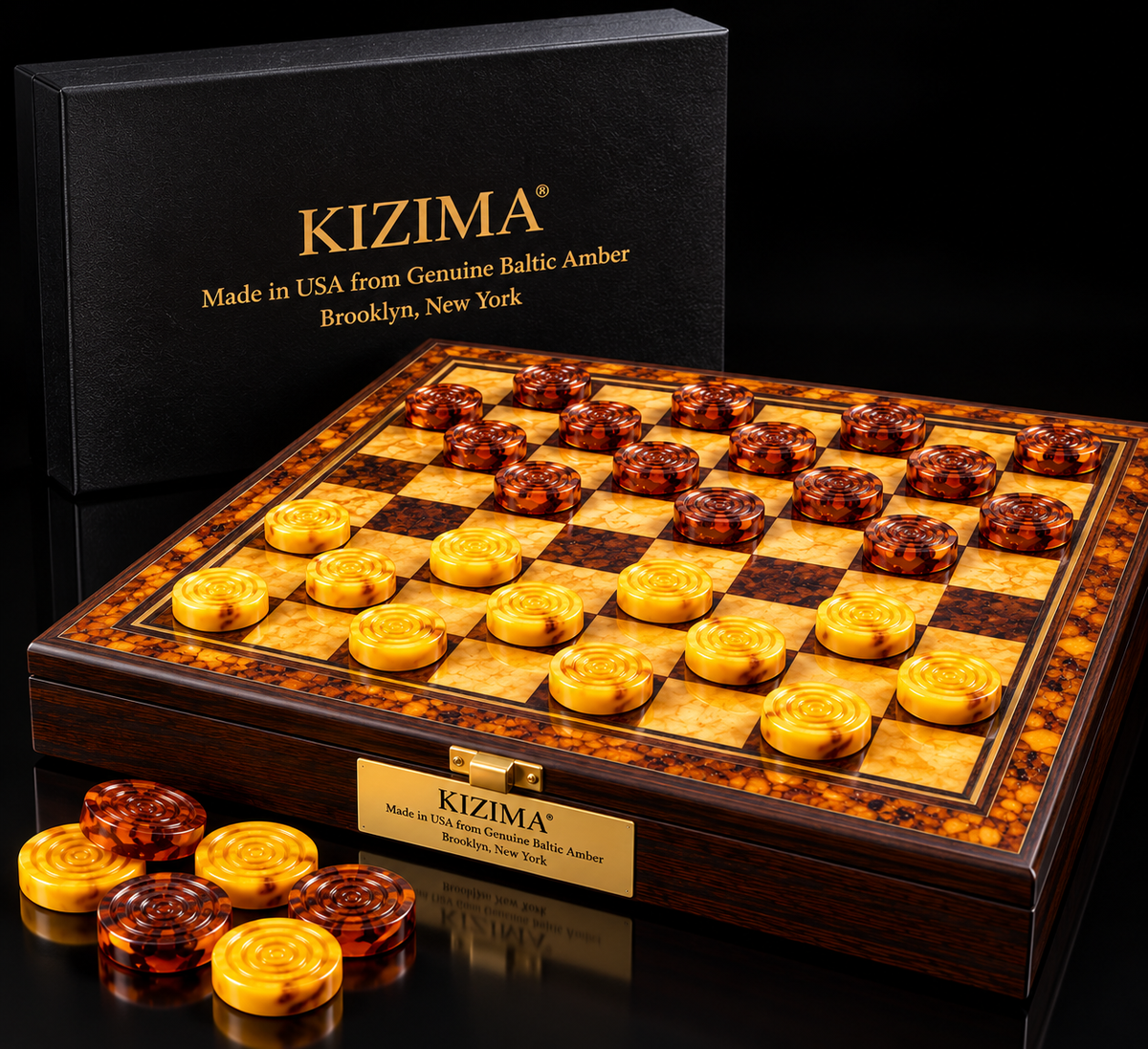 KIZIMA® Baltic amber backgammon pieces and checkers set on a game board, black studio background, handmade in Brooklyn, New York