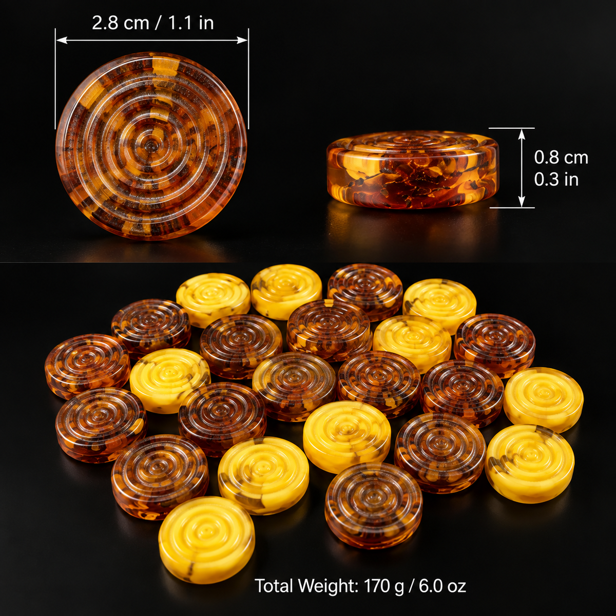 Baltic amber backgammon piece dimensions: 27 mm (1.06 in) diameter, 8 mm (0.32 in) thick, 6 g (0.21 oz), KIZIMA®