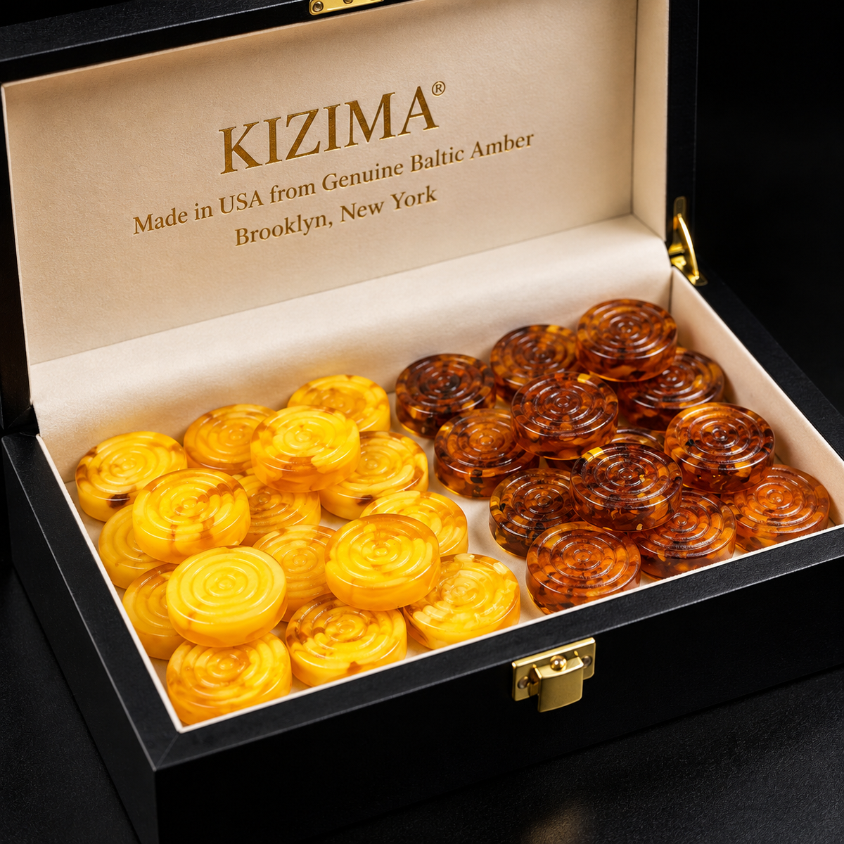 KIZIMA® Baltic amber backgammon pieces in a gift box, ready to give for Christmas, Father's Day or retirement, Made in USA