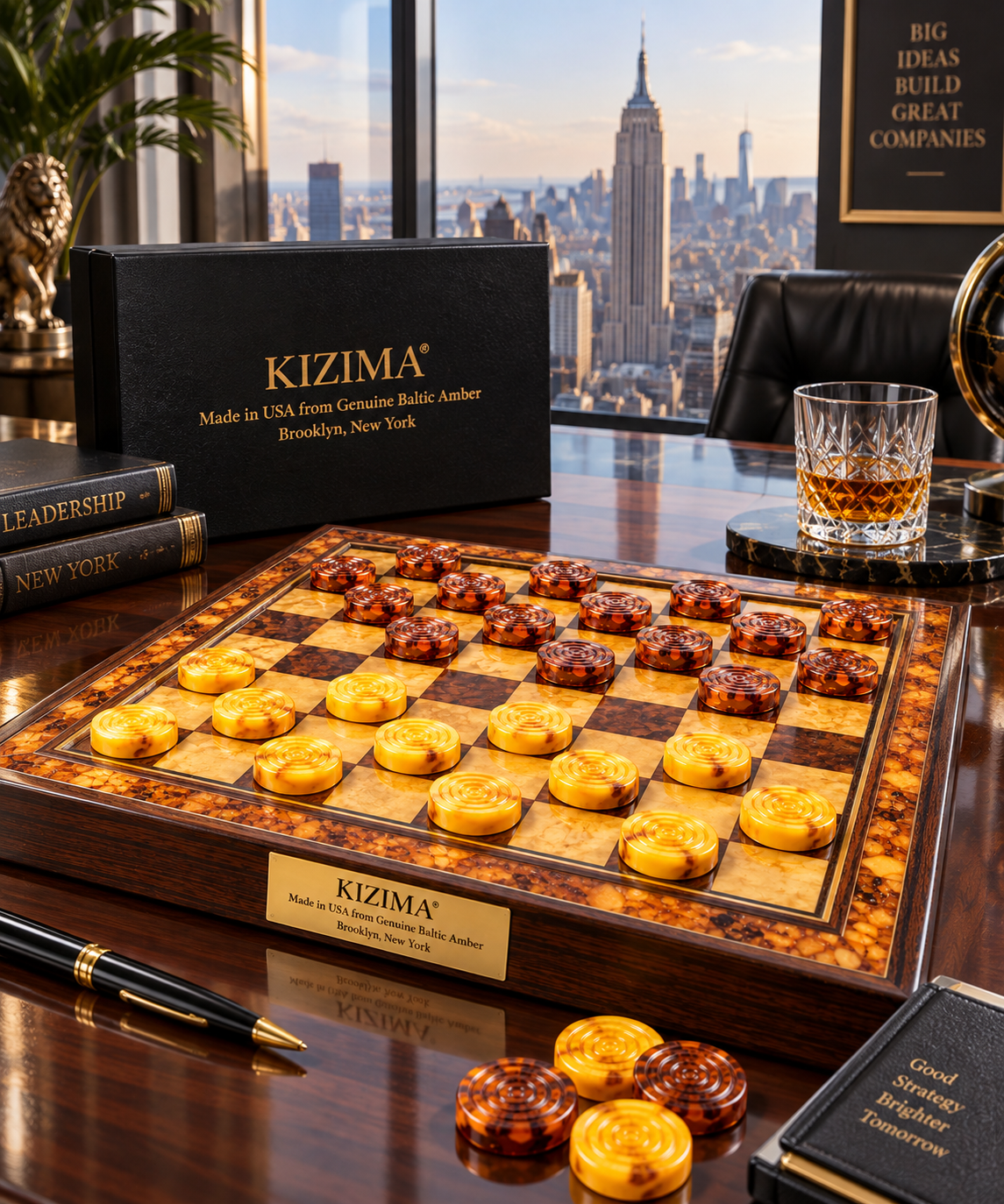 KIZIMA® Natural Baltic Amber backgammon pieces and checkers, butterscotch and cognac amber, on an executive desk in a Manhattan office, luxury gift for him, Made in USA