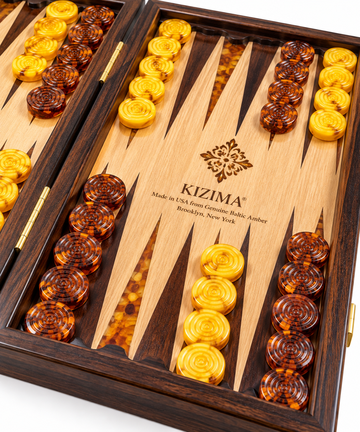 Butterscotch and cognac Baltic amber checkers on a backgammon board, luxury backgammon pieces gift for him, Made in USA by KIZIMA®