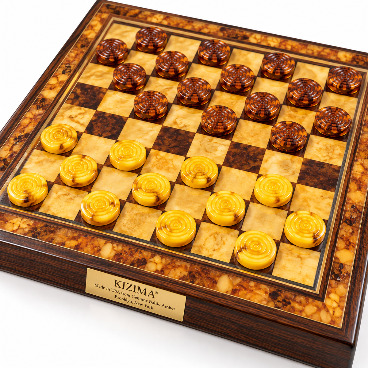 Natural Baltic Amber checkers on a checkerboard, the same 32 pieces play backgammon and checkers, KIZIMA®