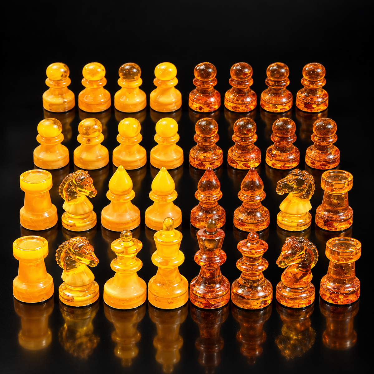 KIZIMA amber chess pieces arranged in four rows on black, with honey and cognac kings together at the front.