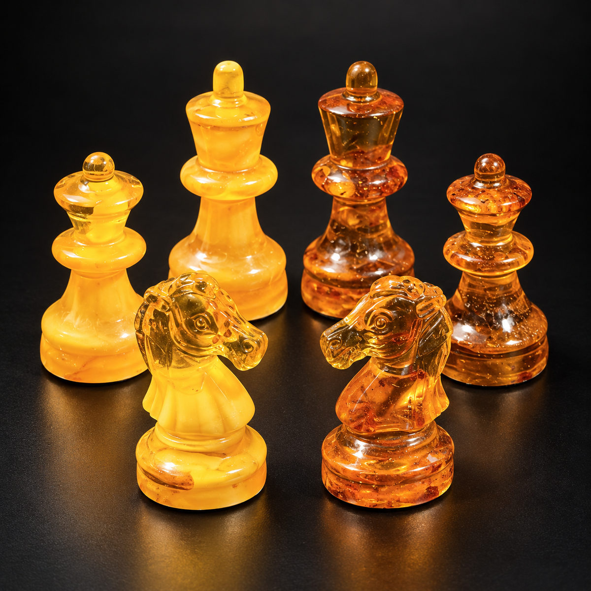 Six pieces from the KIZIMA 32-piece Baltic amber chess set: honey and cognac knights facing each other, with kings and queens behind on black.